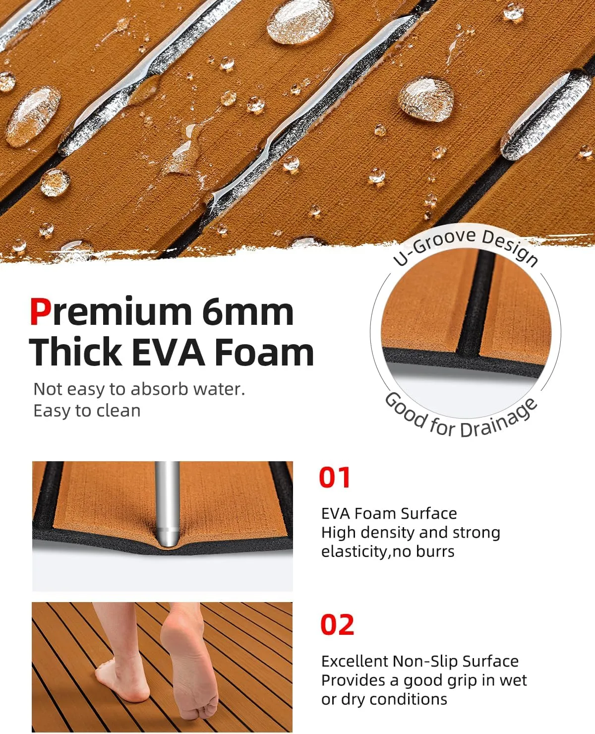 Abahub EVA Foam Boat Decking 96''x45.6''/36''/28.8''/24''/16.8'', 48''x16.8'' Self-Adhesive Faux Teak Marine Flooring Sheet Traction Pad for Boats Surfboard Swim Platform RV Floor