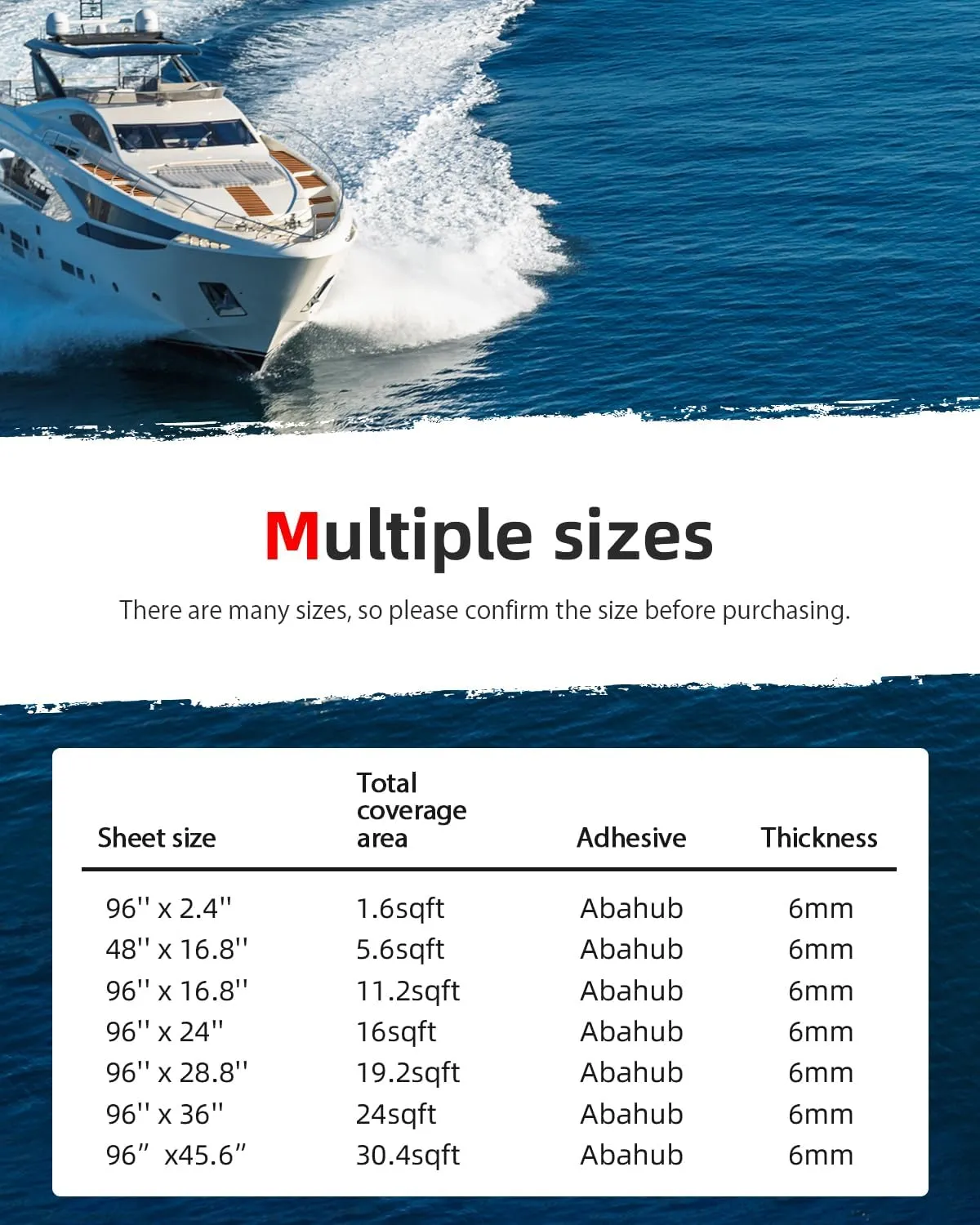 Abahub EVA Foam Boat Decking 96''x45.6''/36''/28.8''/24''/16.8'', 48''x16.8'' Self-Adhesive Faux Teak Marine Flooring Sheet Traction Pad for Boats Surfboard Swim Platform RV Floor