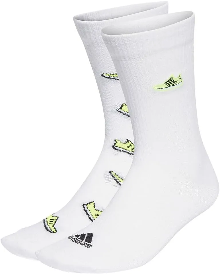 adidas Unisex Run X Ultraboost Shoe Love Graphic Socks 2 Pairs Crew Socks, White/Lucid Lemon/Black, Large