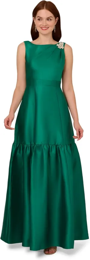 Adrianna Papell Women's Mikado Flounce Shirred Gown