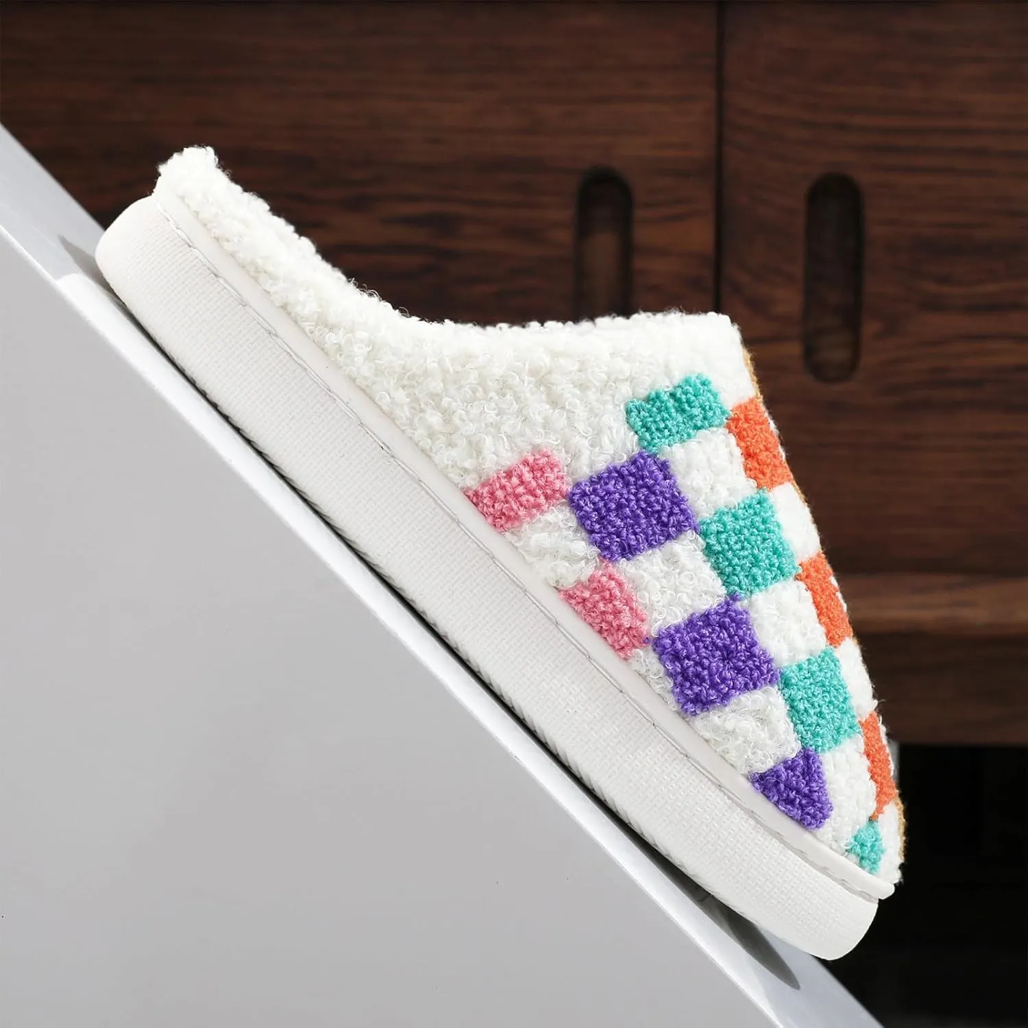 Afellicy Halloween Christmas Slippers Checkered Scuff for Women and Men Holiday Indoor Bedroom Fluffy Warm Fleece Slippers Winter Soft Cozy Home Non-Slip Soft Plush Slip-on Wool Lined House Shoes