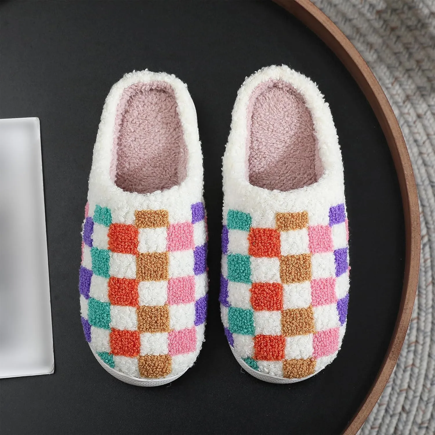 Afellicy Halloween Christmas Slippers Checkered Scuff for Women and Men Holiday Indoor Bedroom Fluffy Warm Fleece Slippers Winter Soft Cozy Home Non-Slip Soft Plush Slip-on Wool Lined House Shoes
