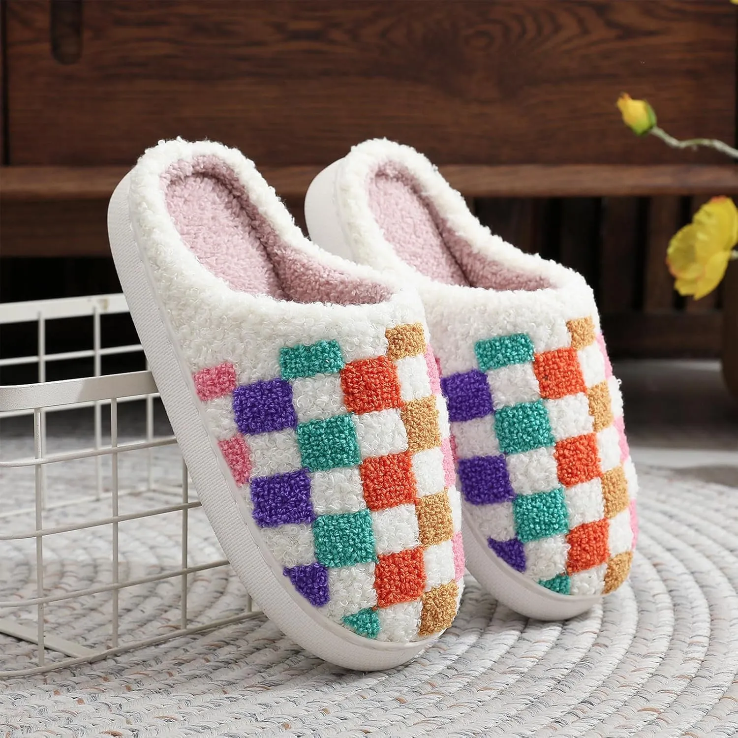 Afellicy Halloween Christmas Slippers Checkered Scuff for Women and Men Holiday Indoor Bedroom Fluffy Warm Fleece Slippers Winter Soft Cozy Home Non-Slip Soft Plush Slip-on Wool Lined House Shoes