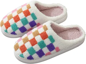 Afellicy Halloween Christmas Slippers Checkered Scuff for Women and Men Holiday Indoor Bedroom Fluffy Warm Fleece Slippers Winter Soft Cozy Home Non-Slip Soft Plush Slip-on Wool Lined House Shoes