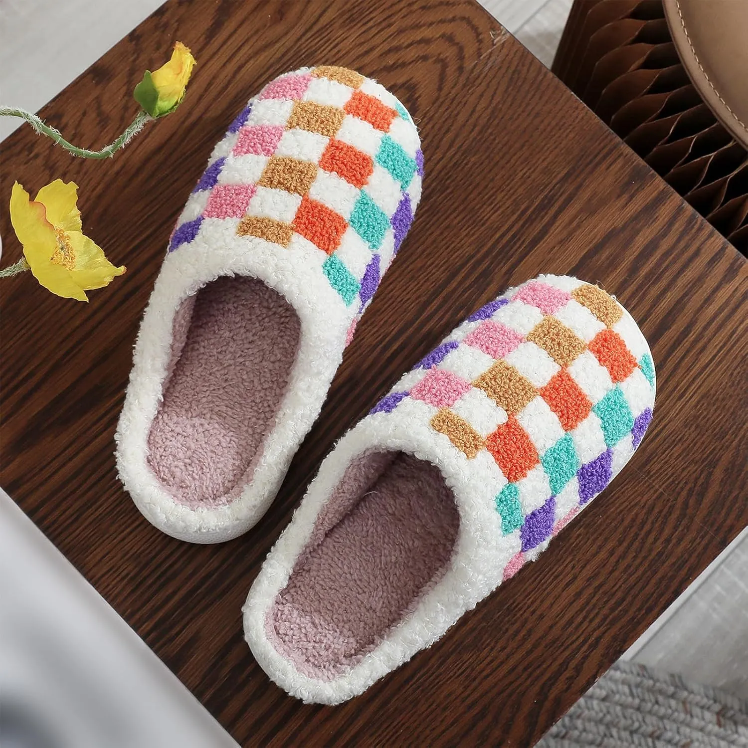 Afellicy Halloween Christmas Slippers Checkered Scuff for Women and Men Holiday Indoor Bedroom Fluffy Warm Fleece Slippers Winter Soft Cozy Home Non-Slip Soft Plush Slip-on Wool Lined House Shoes