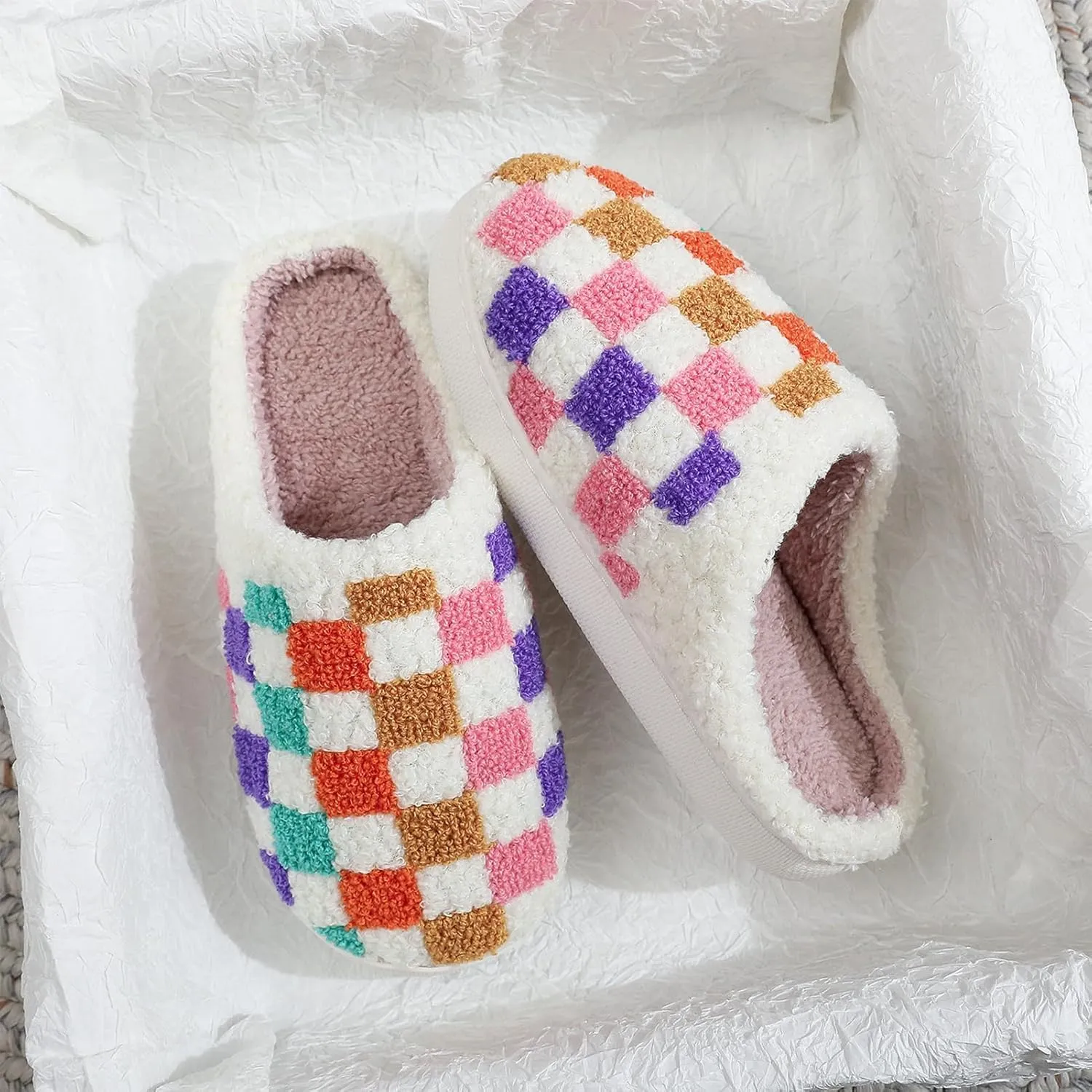 Afellicy Halloween Christmas Slippers Checkered Scuff for Women and Men Holiday Indoor Bedroom Fluffy Warm Fleece Slippers Winter Soft Cozy Home Non-Slip Soft Plush Slip-on Wool Lined House Shoes