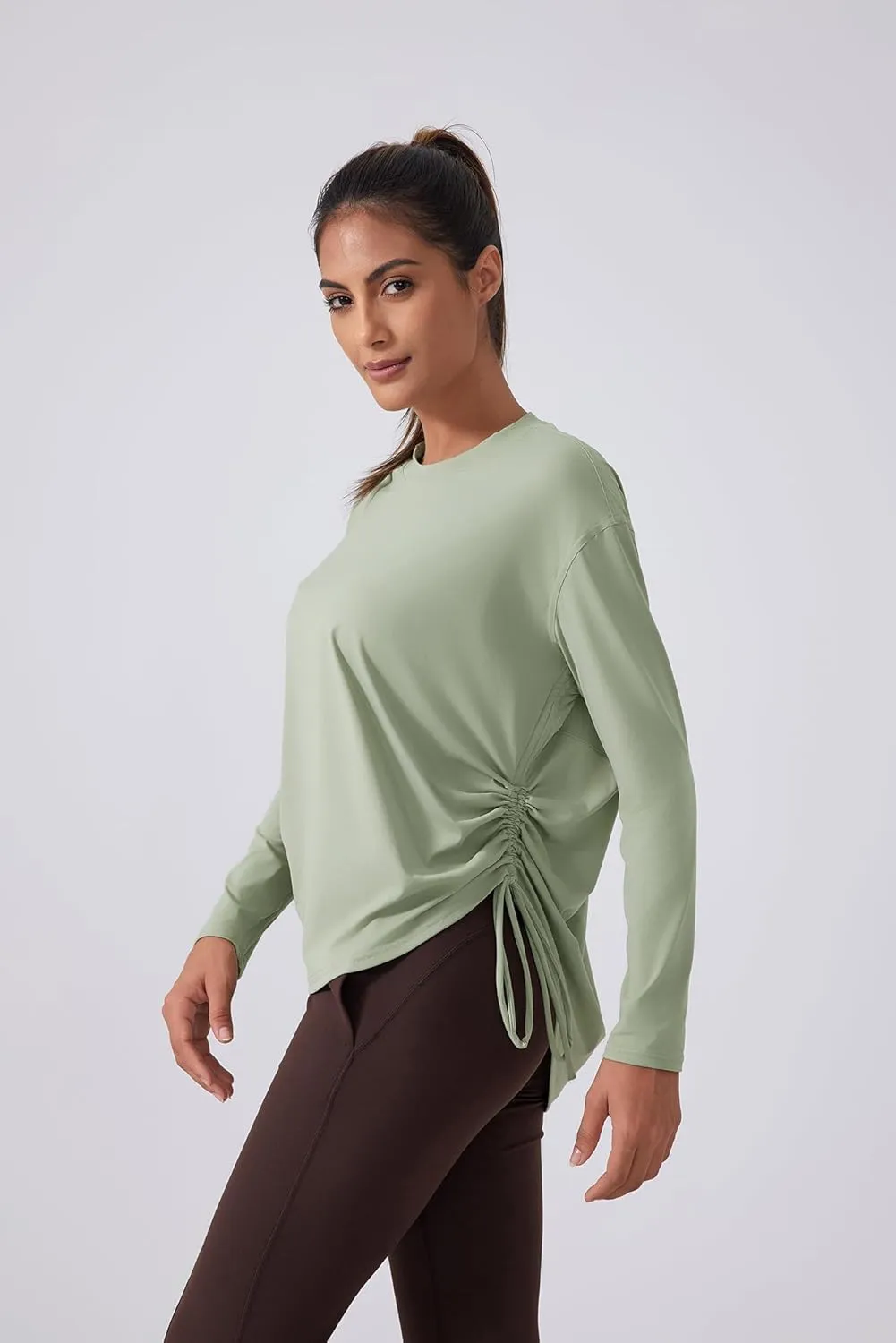 altiland Drawstring Side Ruched Long Sleeve Workout Shirts for Women, Buttery Soft Running Gym Athletic Yoga Tops Loose Fit