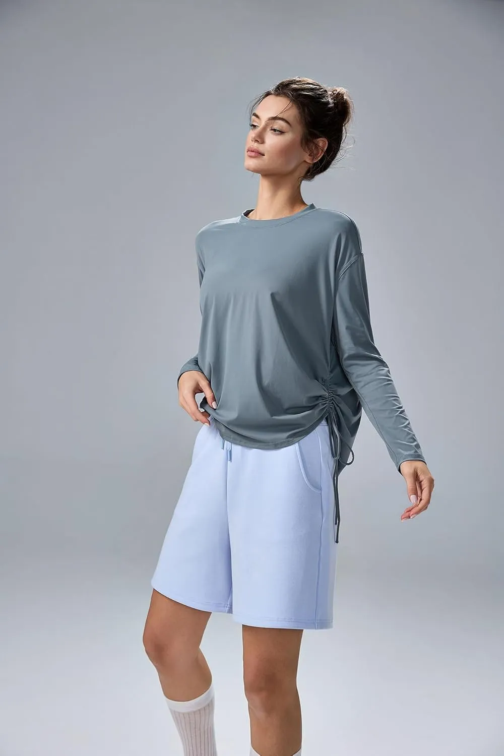 altiland Drawstring Side Ruched Long Sleeve Workout Shirts for Women, Buttery Soft Running Gym Athletic Yoga Tops Loose Fit