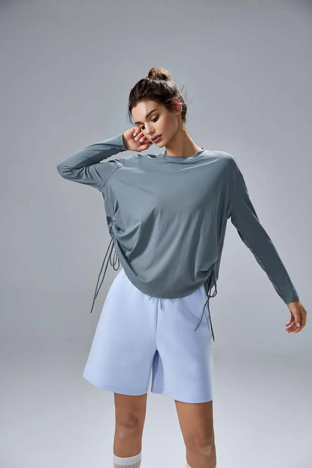 altiland Drawstring Side Ruched Long Sleeve Workout Shirts for Women, Buttery Soft Running Gym Athletic Yoga Tops Loose Fit
