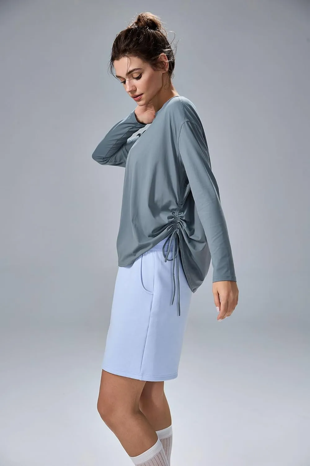 altiland Drawstring Side Ruched Long Sleeve Workout Shirts for Women, Buttery Soft Running Gym Athletic Yoga Tops Loose Fit