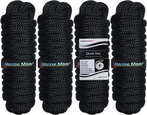 Amarine Made 1/2” X 15’ Dock Lines, 4pcs Boat Dock Lines, 12” Eyelet Boat Ropes with Loop, Boat Rope Docking 968lbs Working Load, Nylon Dock Line with 4840lbs Strength, Boat Ropes for Docking, Black