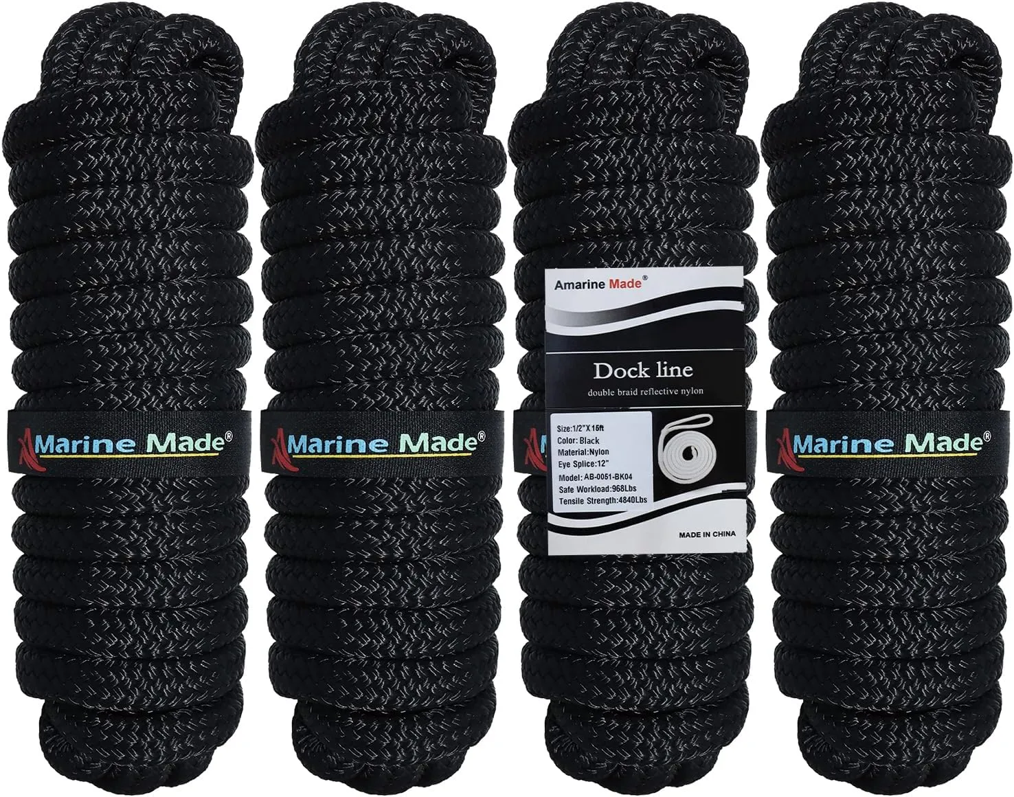 Amarine Made 1/2” X 15’ Dock Lines, 4pcs Boat Dock Lines, 12” Eyelet Boat Ropes with Loop, Boat Rope Docking 968lbs Working Load, Nylon Dock Line with 4840lbs Strength, Boat Ropes for Docking, Black