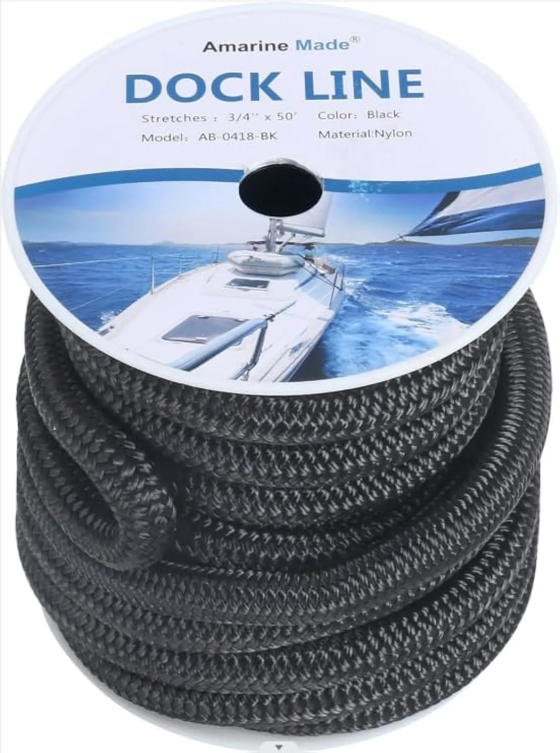 Amarine Made Dock Lines, 3/4” X 50’ Boat Rope with 12” Eyelet, Dock Line with 9500lbs Breaking Strength, Boat Line with 1900lbs Working Load for Docking Water Crafts, Boats etc. Black