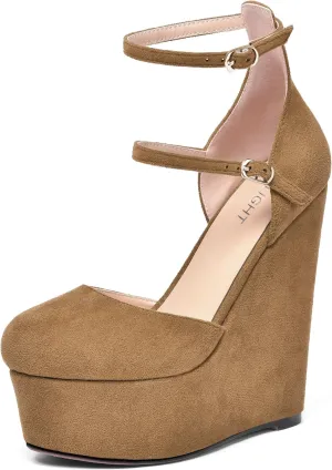 AMBELIGHT Womens Platform Round Toe Ankle Strap Solid Buckle Dress Suede Wedding Wedge High Heel Pumps Shoes 6 Inch