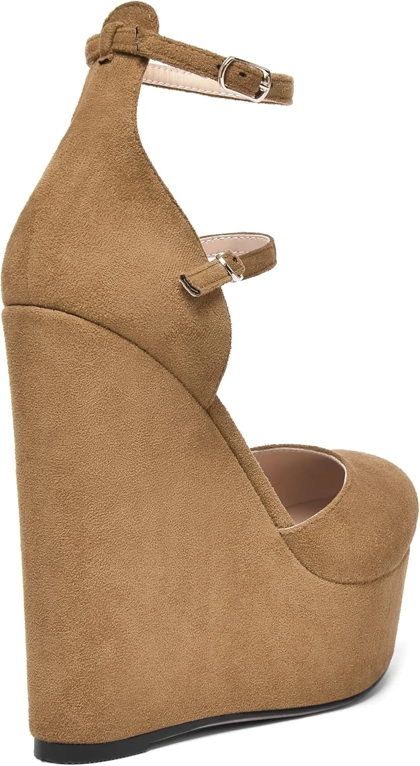 AMBELIGHT Womens Platform Round Toe Ankle Strap Solid Buckle Dress Suede Wedding Wedge High Heel Pumps Shoes 6 Inch