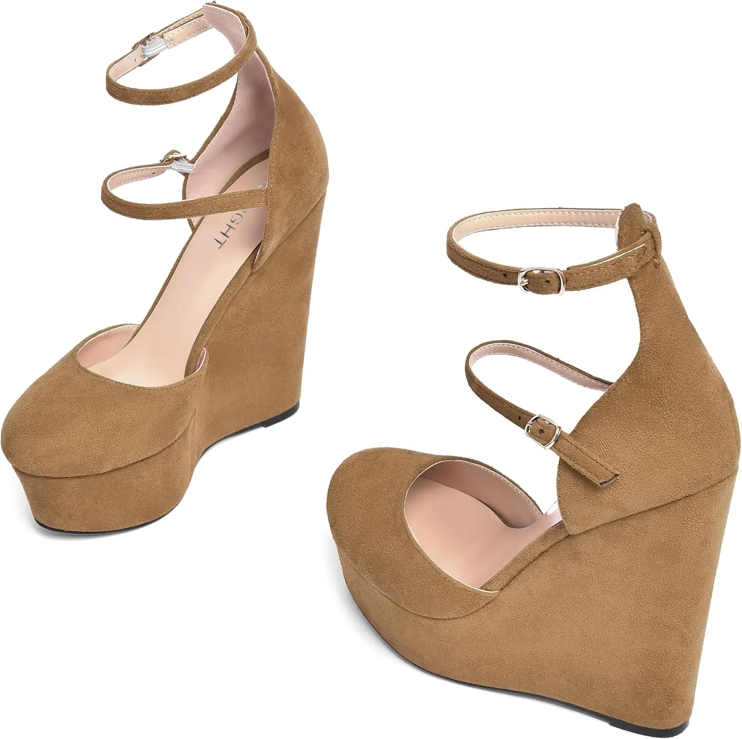 AMBELIGHT Womens Platform Round Toe Ankle Strap Solid Buckle Dress Suede Wedding Wedge High Heel Pumps Shoes 6 Inch