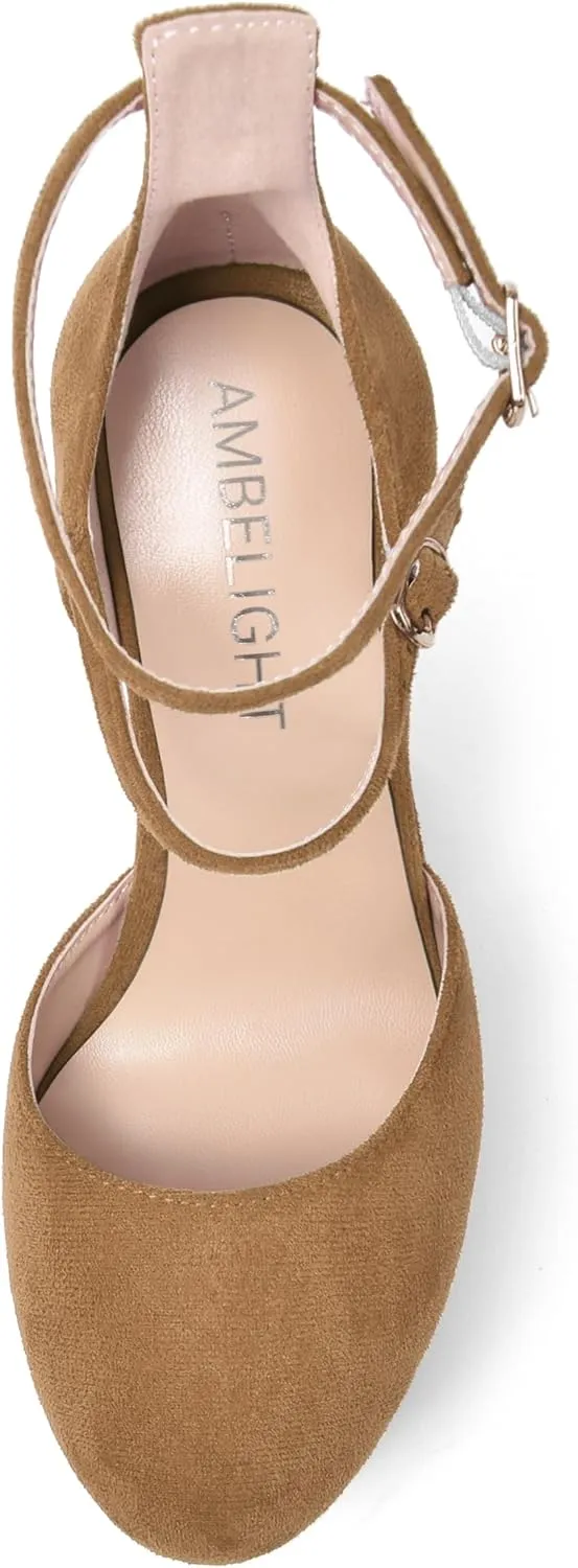 AMBELIGHT Womens Platform Round Toe Ankle Strap Solid Buckle Dress Suede Wedding Wedge High Heel Pumps Shoes 6 Inch