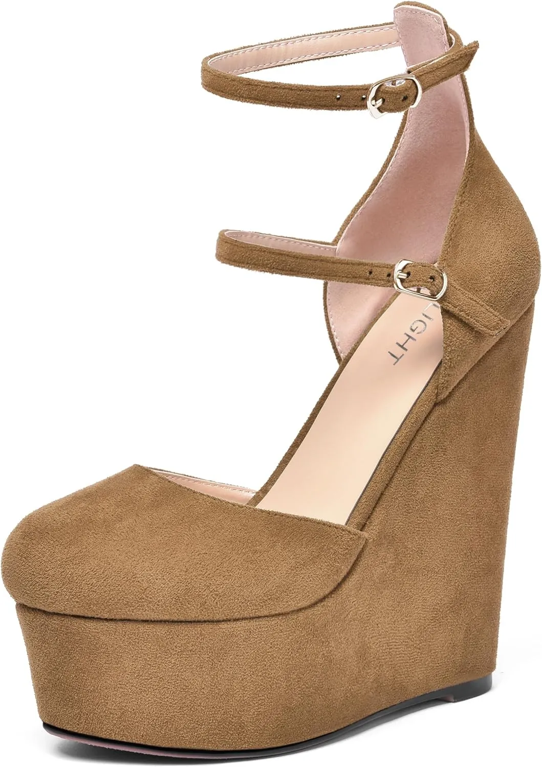 AMBELIGHT Womens Platform Round Toe Ankle Strap Solid Buckle Dress Suede Wedding Wedge High Heel Pumps Shoes 6 Inch