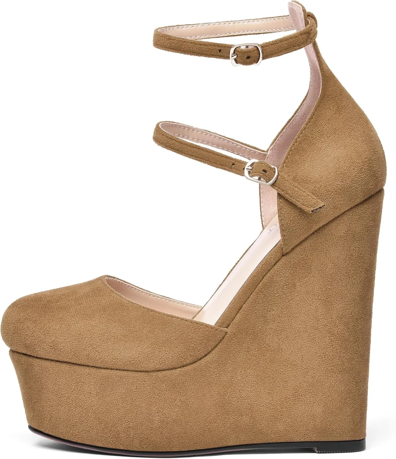 AMBELIGHT Womens Platform Round Toe Ankle Strap Solid Buckle Dress Suede Wedding Wedge High Heel Pumps Shoes 6 Inch