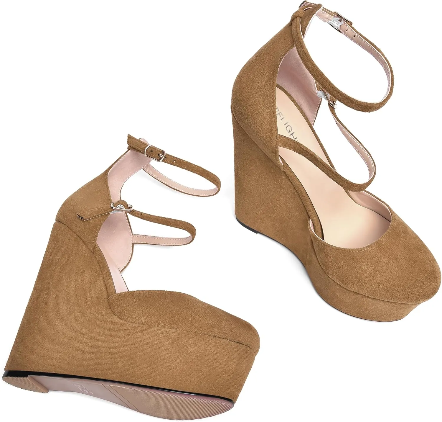 AMBELIGHT Womens Platform Round Toe Ankle Strap Solid Buckle Dress Suede Wedding Wedge High Heel Pumps Shoes 6 Inch