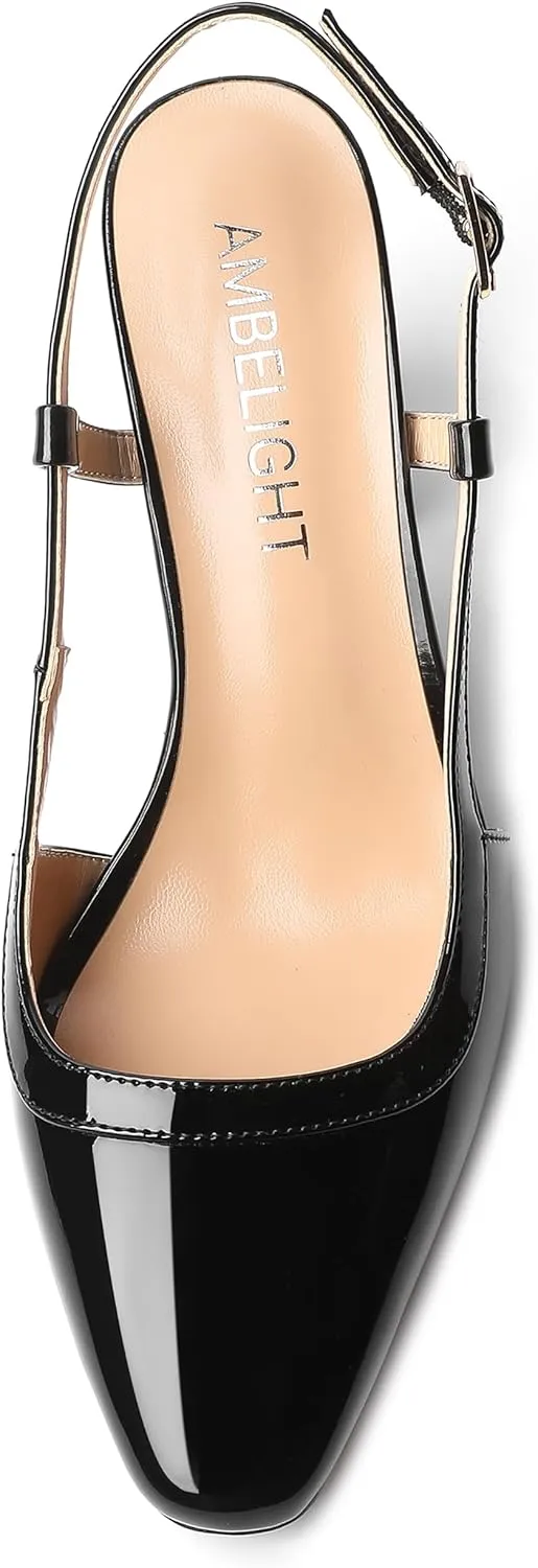 AMBELIGHT Womens Square Toe Dress Patent Adjustable Strap Buckle Office Block High Heel Pumps Shoes 3.3 Inch
