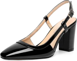 AMBELIGHT Womens Square Toe Dress Patent Adjustable Strap Buckle Office Block High Heel Pumps Shoes 3.3 Inch