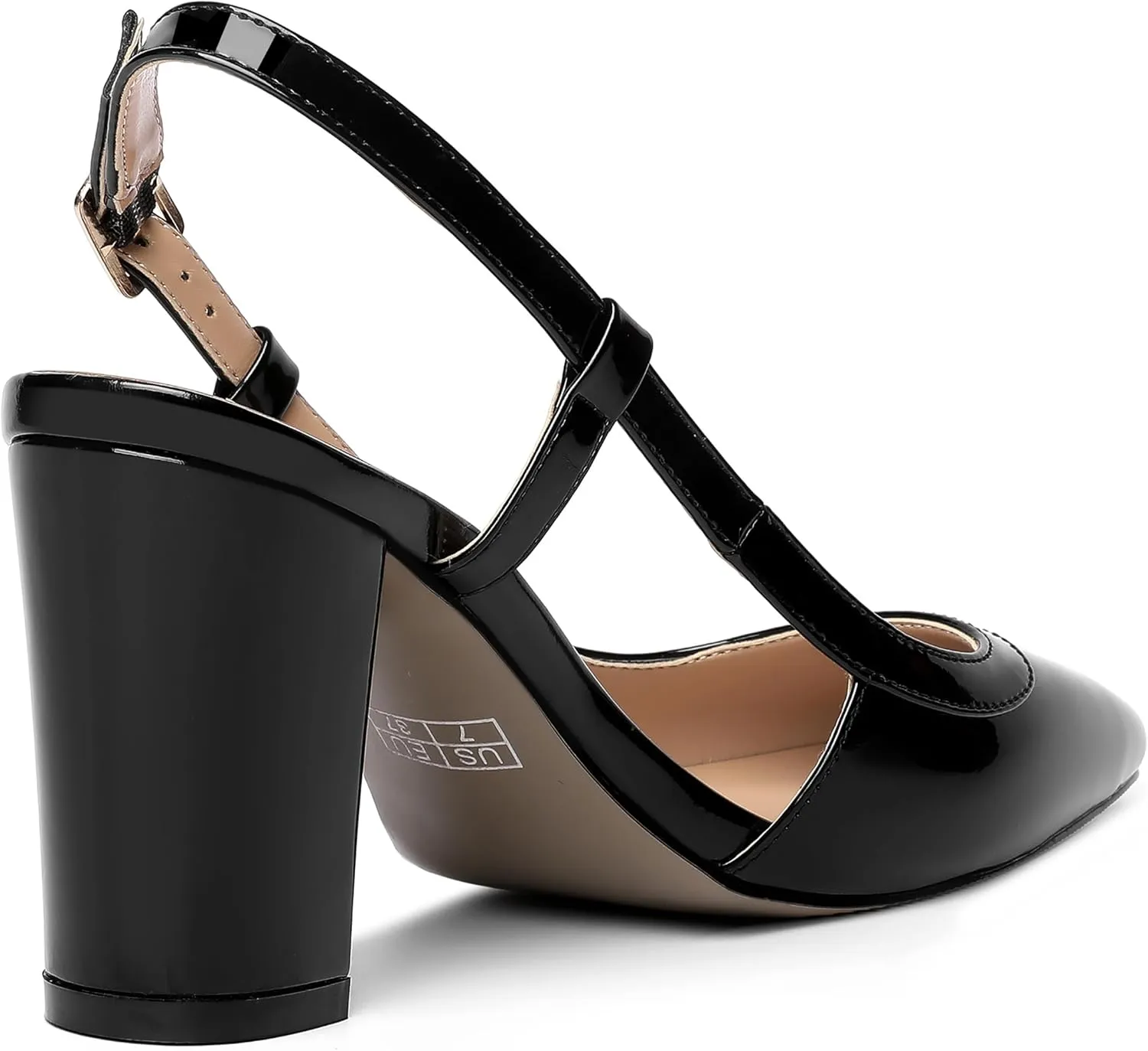 AMBELIGHT Womens Square Toe Dress Patent Adjustable Strap Buckle Office Block High Heel Pumps Shoes 3.3 Inch