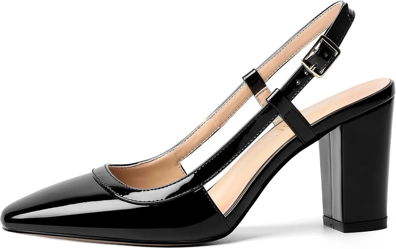 AMBELIGHT Womens Square Toe Dress Patent Adjustable Strap Buckle Office Block High Heel Pumps Shoes 3.3 Inch
