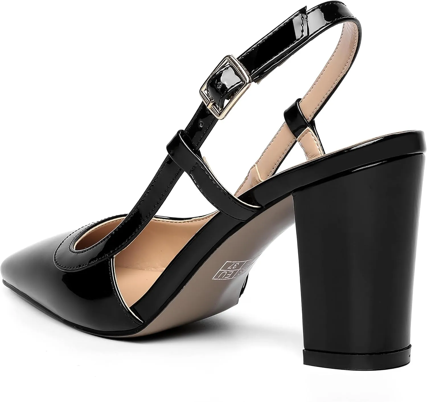 AMBELIGHT Womens Square Toe Dress Patent Adjustable Strap Buckle Office Block High Heel Pumps Shoes 3.3 Inch