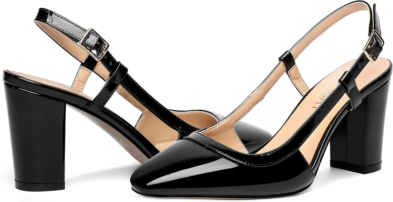 AMBELIGHT Womens Square Toe Dress Patent Adjustable Strap Buckle Office Block High Heel Pumps Shoes 3.3 Inch