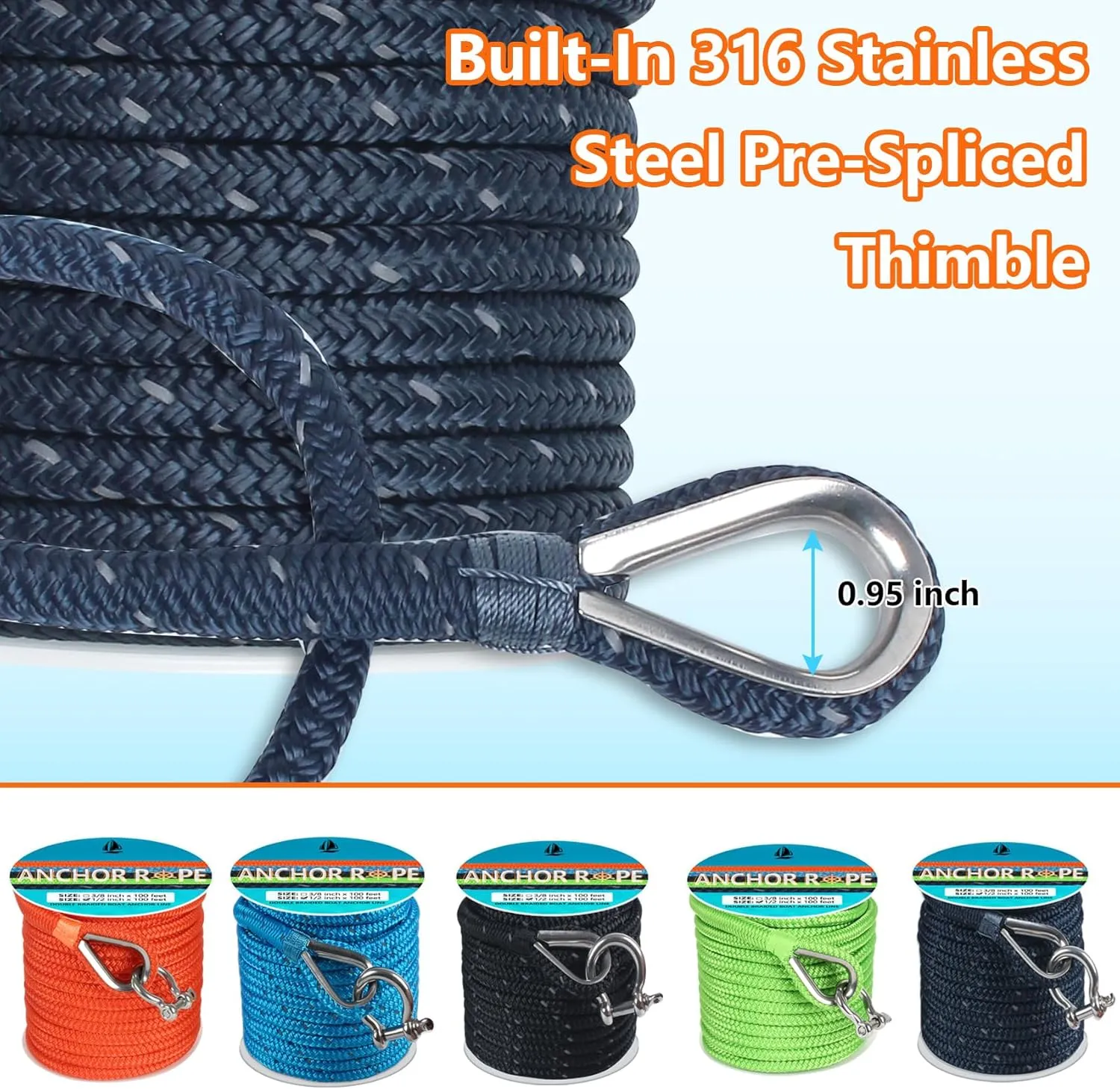 Anchor Rope 100 FT 1/2 in, Double Braided Anchor Line with 316 Stainless Steel Thimble & Shackle, Boat Anchor Rope Ideal for Towing, Mooring, Deck, Anchoring, Boats Up to 35' - Navy Blue