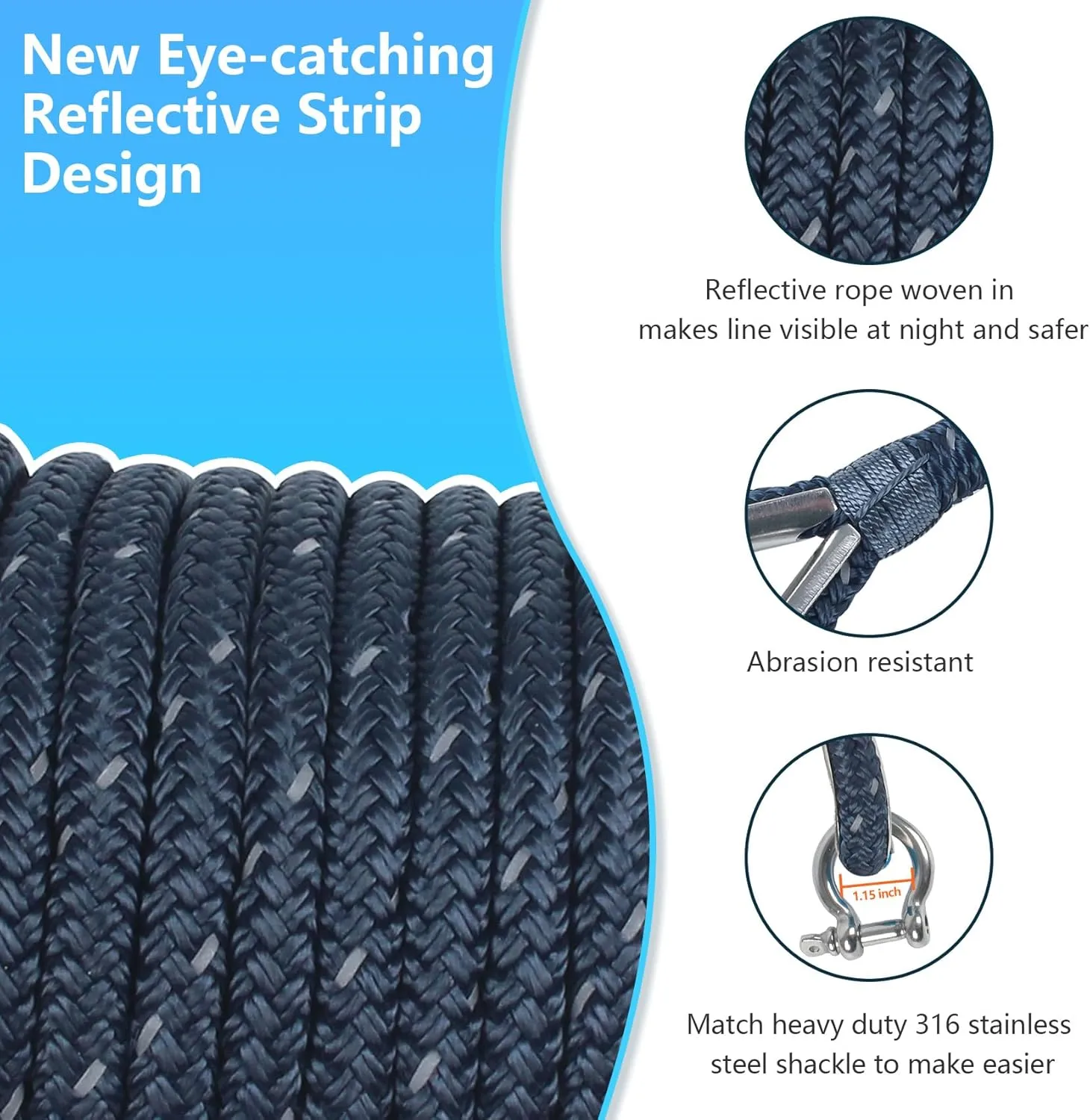 Anchor Rope 100 FT 1/2 in, Double Braided Anchor Line with 316 Stainless Steel Thimble & Shackle, Boat Anchor Rope Ideal for Towing, Mooring, Deck, Anchoring, Boats Up to 35' - Navy Blue