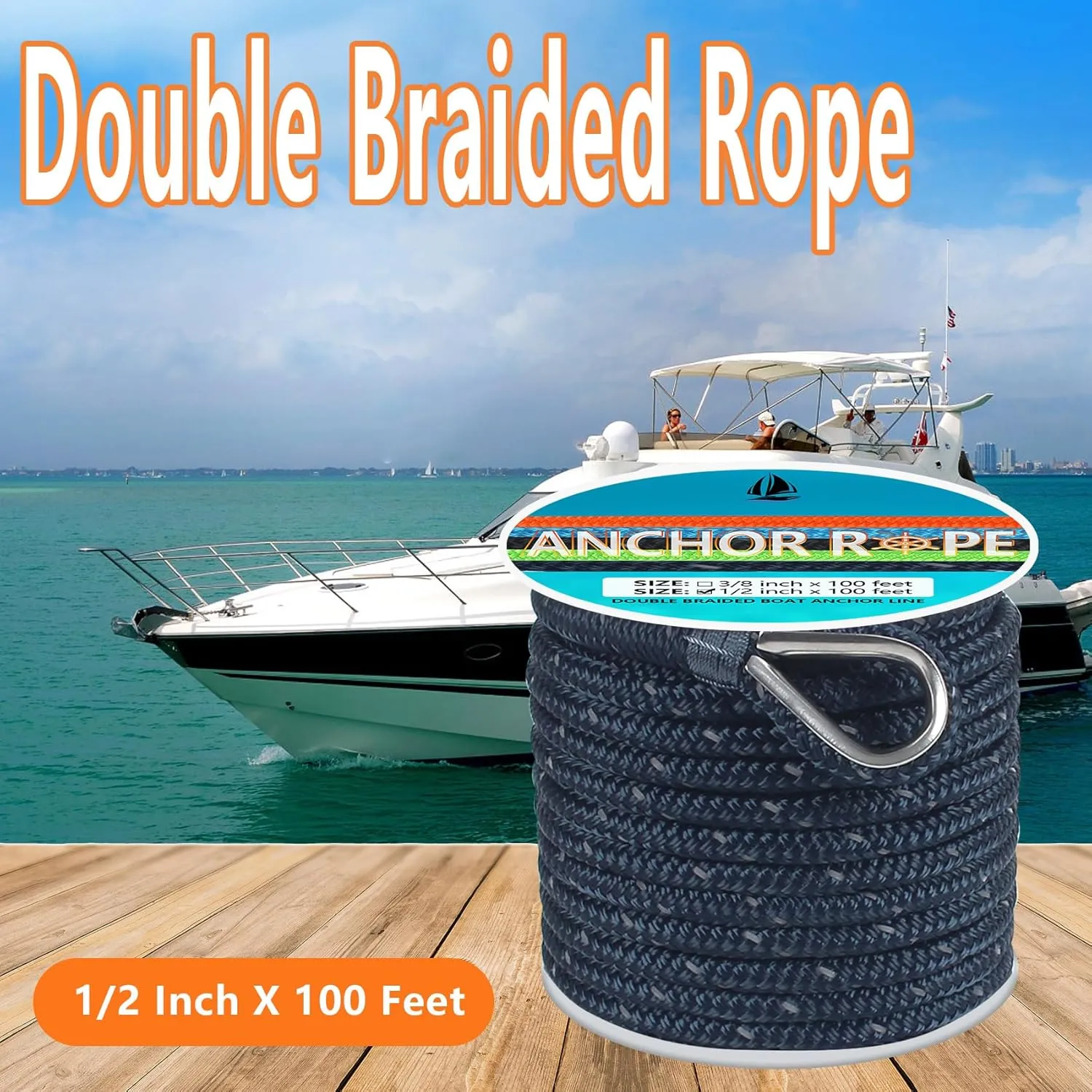 Anchor Rope 100 FT 1/2 in, Double Braided Anchor Line with 316 Stainless Steel Thimble & Shackle, Boat Anchor Rope Ideal for Towing, Mooring, Deck, Anchoring, Boats Up to 35' - Navy Blue