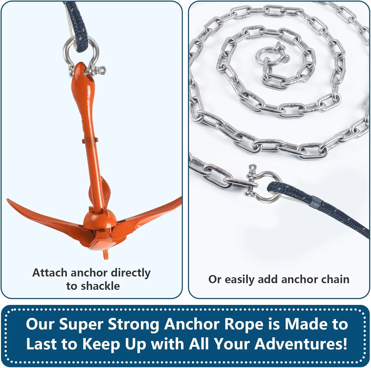 Anchor Rope 100 FT 1/2 in, Double Braided Anchor Line with 316 Stainless Steel Thimble & Shackle, Boat Anchor Rope Ideal for Towing, Mooring, Deck, Anchoring, Boats Up to 35' - Navy Blue