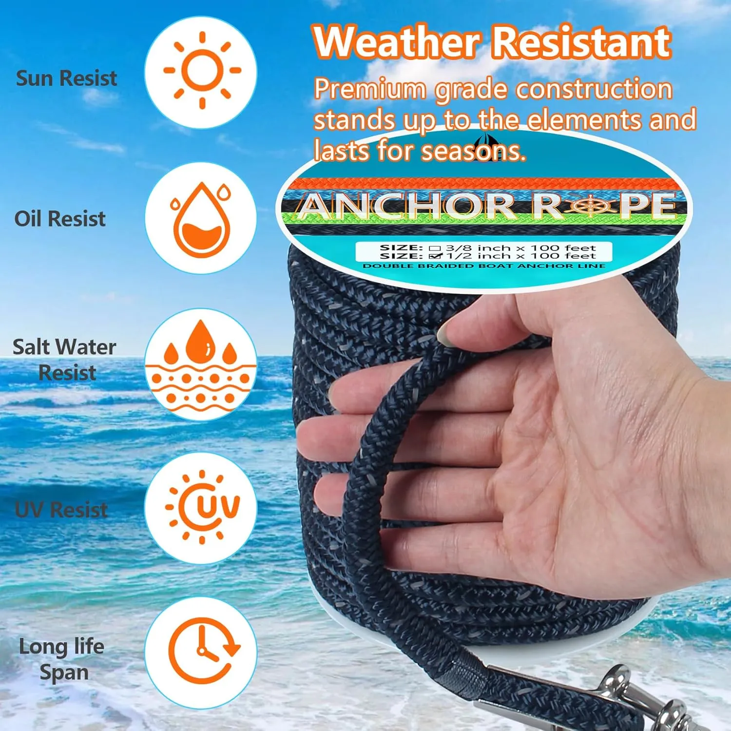 Anchor Rope 100 FT 1/2 in, Double Braided Anchor Line with 316 Stainless Steel Thimble & Shackle, Boat Anchor Rope Ideal for Towing, Mooring, Deck, Anchoring, Boats Up to 35' - Navy Blue