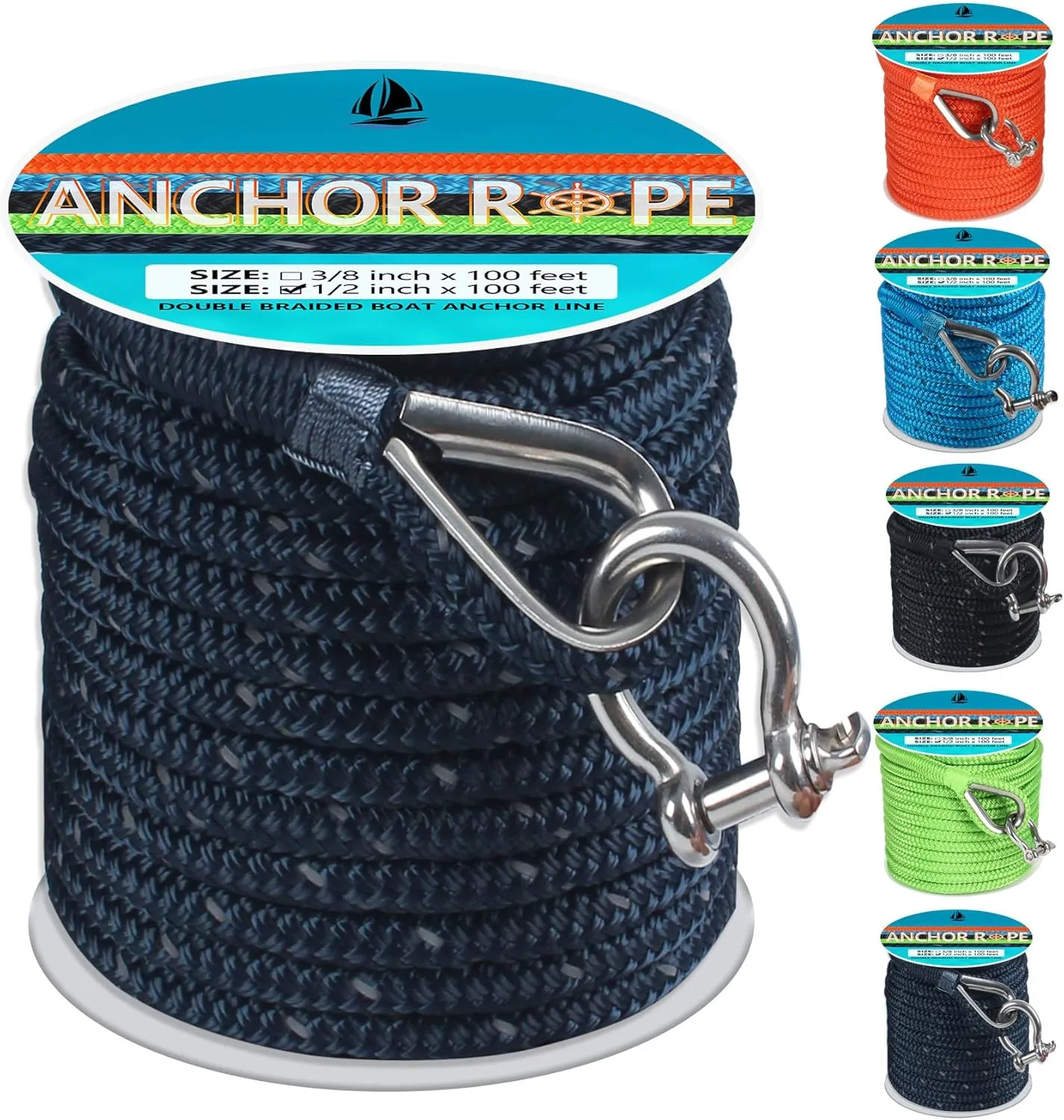 Anchor Rope 100 FT 1/2 in, Double Braided Anchor Line with 316 Stainless Steel Thimble & Shackle, Boat Anchor Rope Ideal for Towing, Mooring, Deck, Anchoring, Boats Up to 35' - Navy Blue