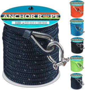 Anchor Rope 100 FT 1/2 in, Double Braided Anchor Line with 316 Stainless Steel Thimble & Shackle, Boat Anchor Rope Ideal for Towing, Mooring, Deck, Anchoring, Boats Up to 35' - Navy Blue