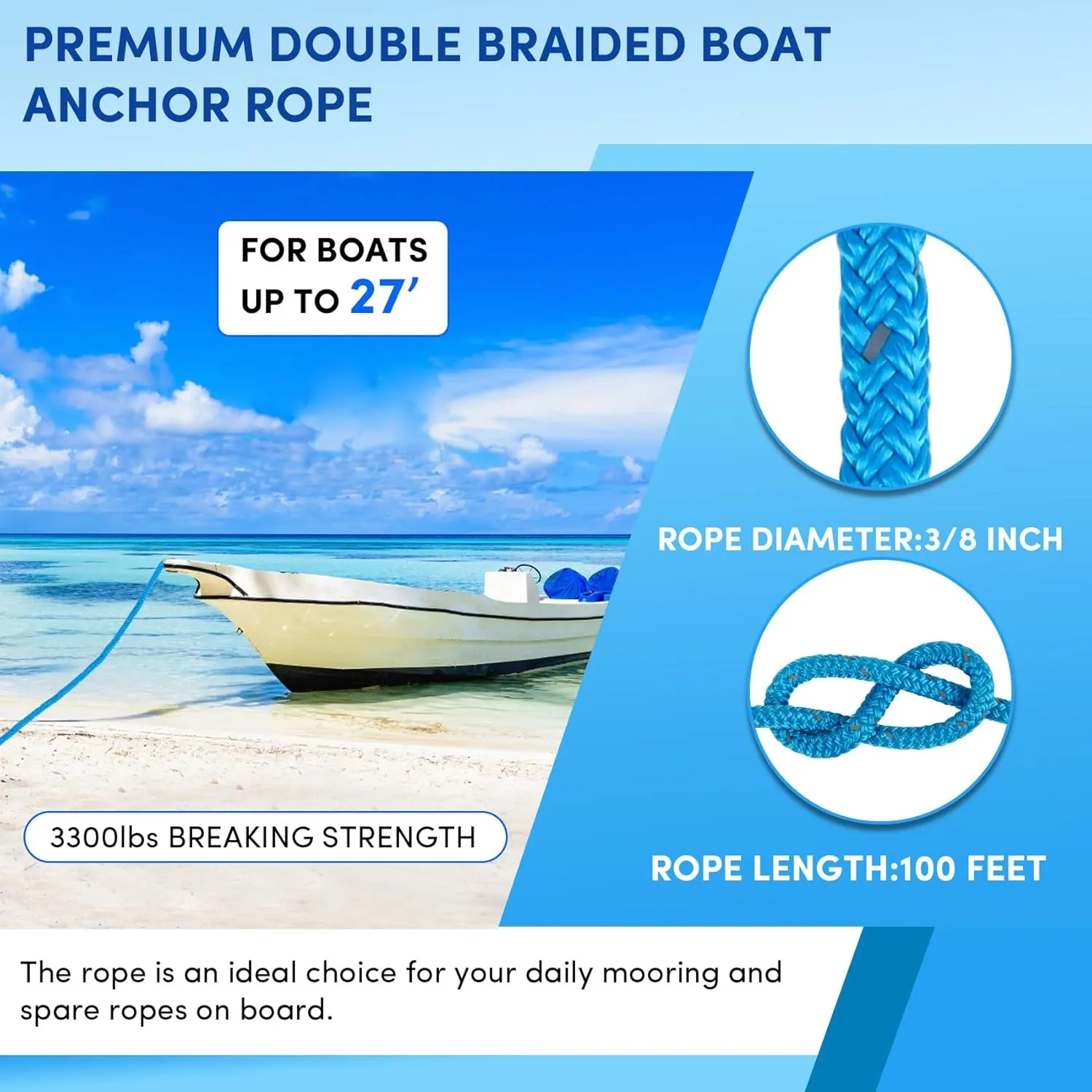 Anchor Rope 100 ft x 3/8 inch Blue, Double Braided Anchor Line with Stainless Steel Thimble & Shackle, Boat Rope with Reflective Strip Ideal for Towing,Mooring,Anchoring,for Boats Up to 27'