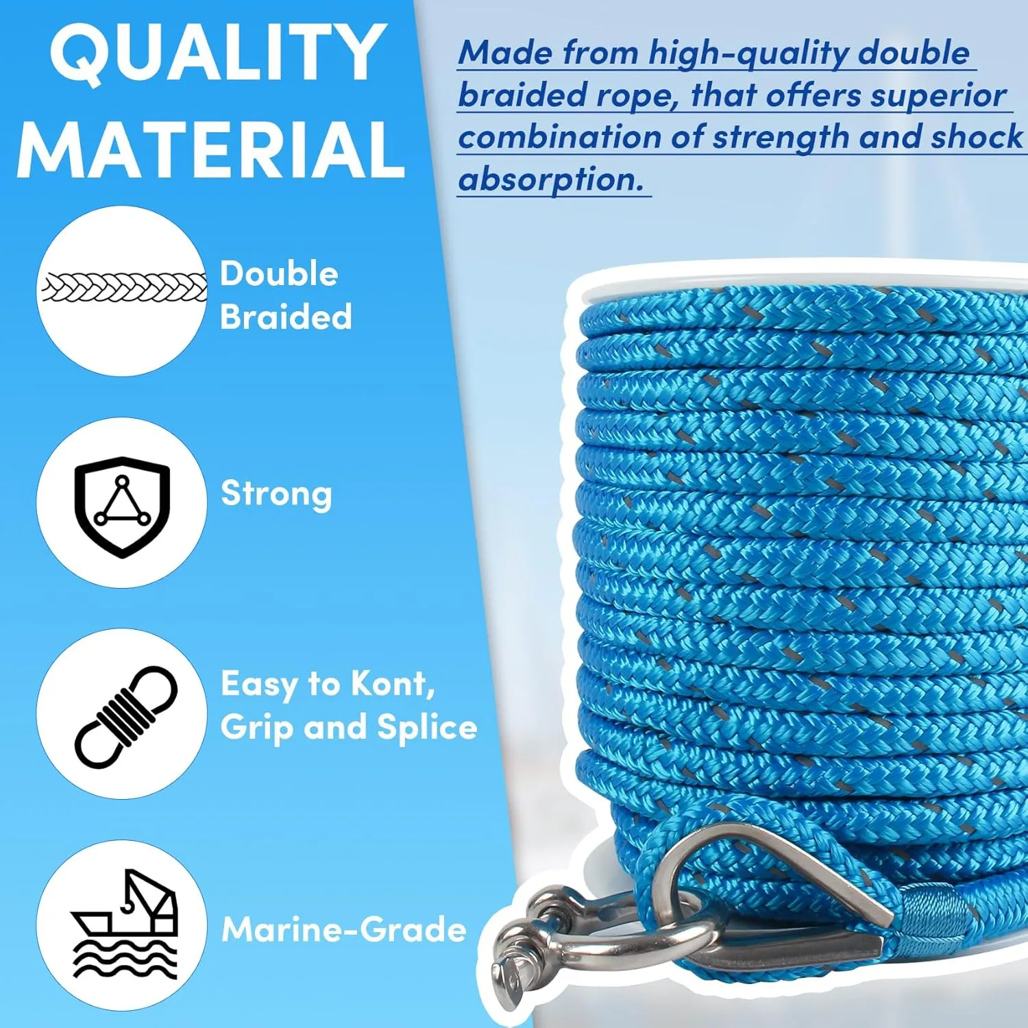 Anchor Rope 100 ft x 3/8 inch Blue, Double Braided Anchor Line with Stainless Steel Thimble & Shackle, Boat Rope with Reflective Strip Ideal for Towing,Mooring,Anchoring,for Boats Up to 27'