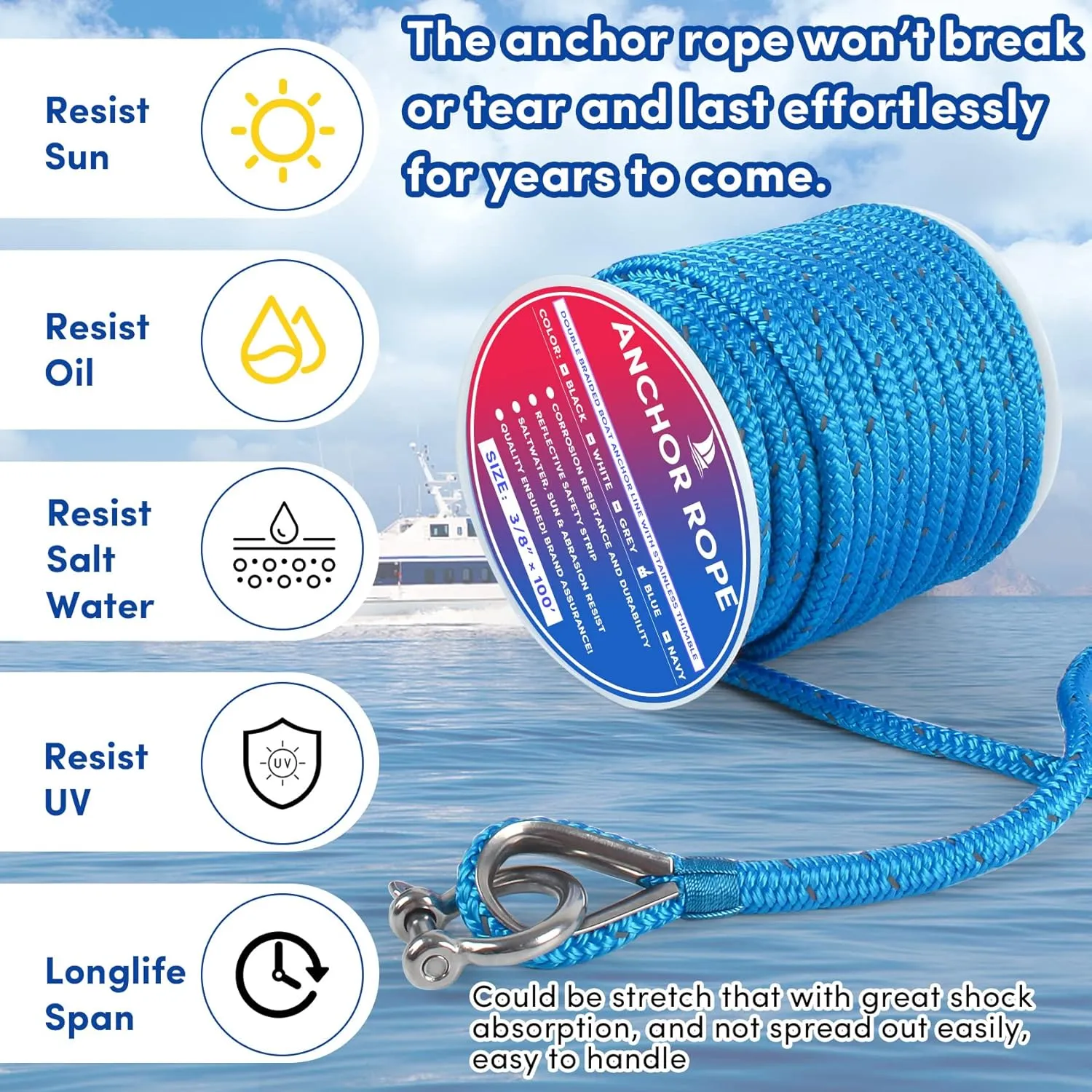 Anchor Rope 100 ft x 3/8 inch Blue, Double Braided Anchor Line with Stainless Steel Thimble & Shackle, Boat Rope with Reflective Strip Ideal for Towing,Mooring,Anchoring,for Boats Up to 27'