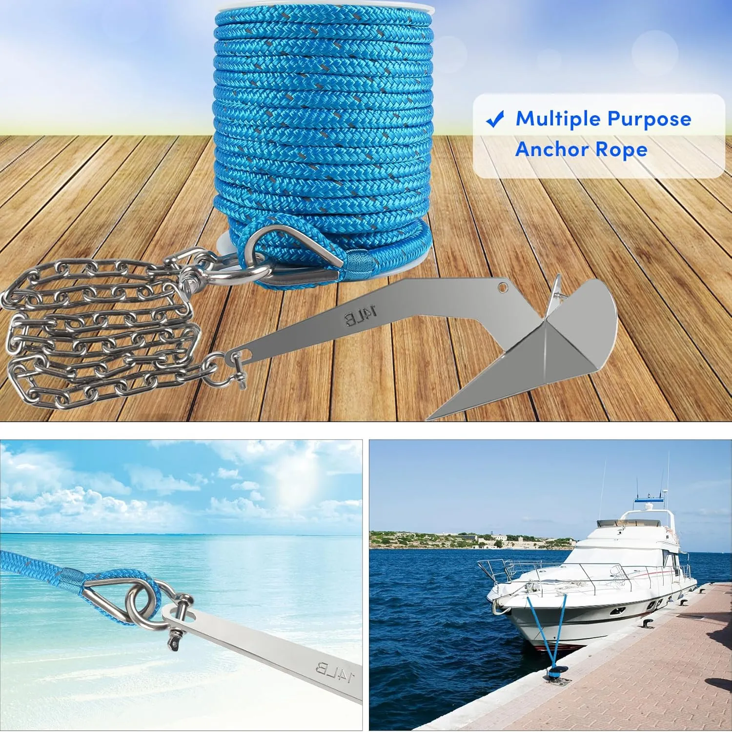 Anchor Rope 100 ft x 3/8 inch Blue, Double Braided Anchor Line with Stainless Steel Thimble & Shackle, Boat Rope with Reflective Strip Ideal for Towing,Mooring,Anchoring,for Boats Up to 27'