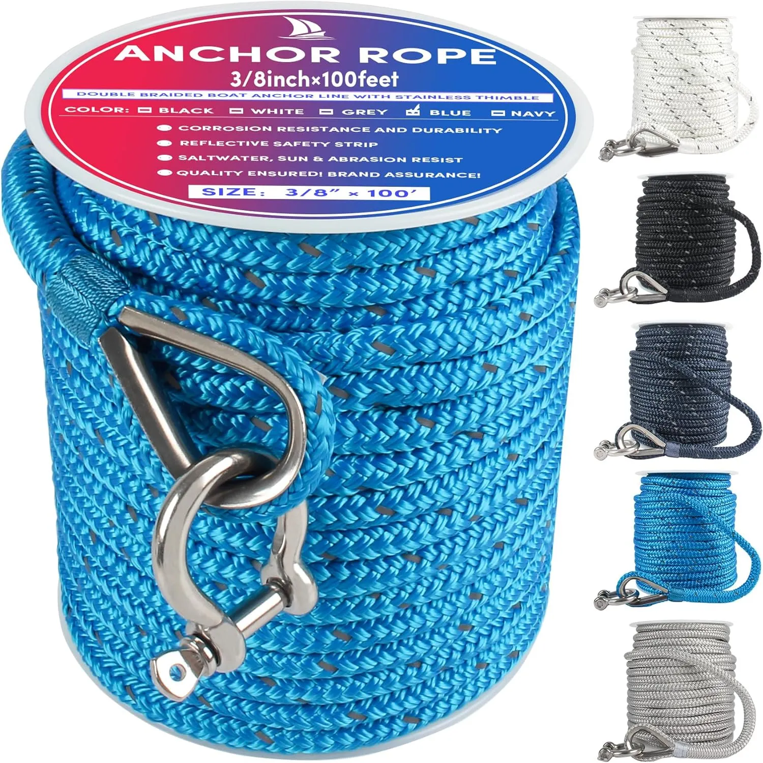 Anchor Rope 100 ft x 3/8 inch Blue, Double Braided Anchor Line with Stainless Steel Thimble & Shackle, Boat Rope with Reflective Strip Ideal for Towing,Mooring,Anchoring,for Boats Up to 27'