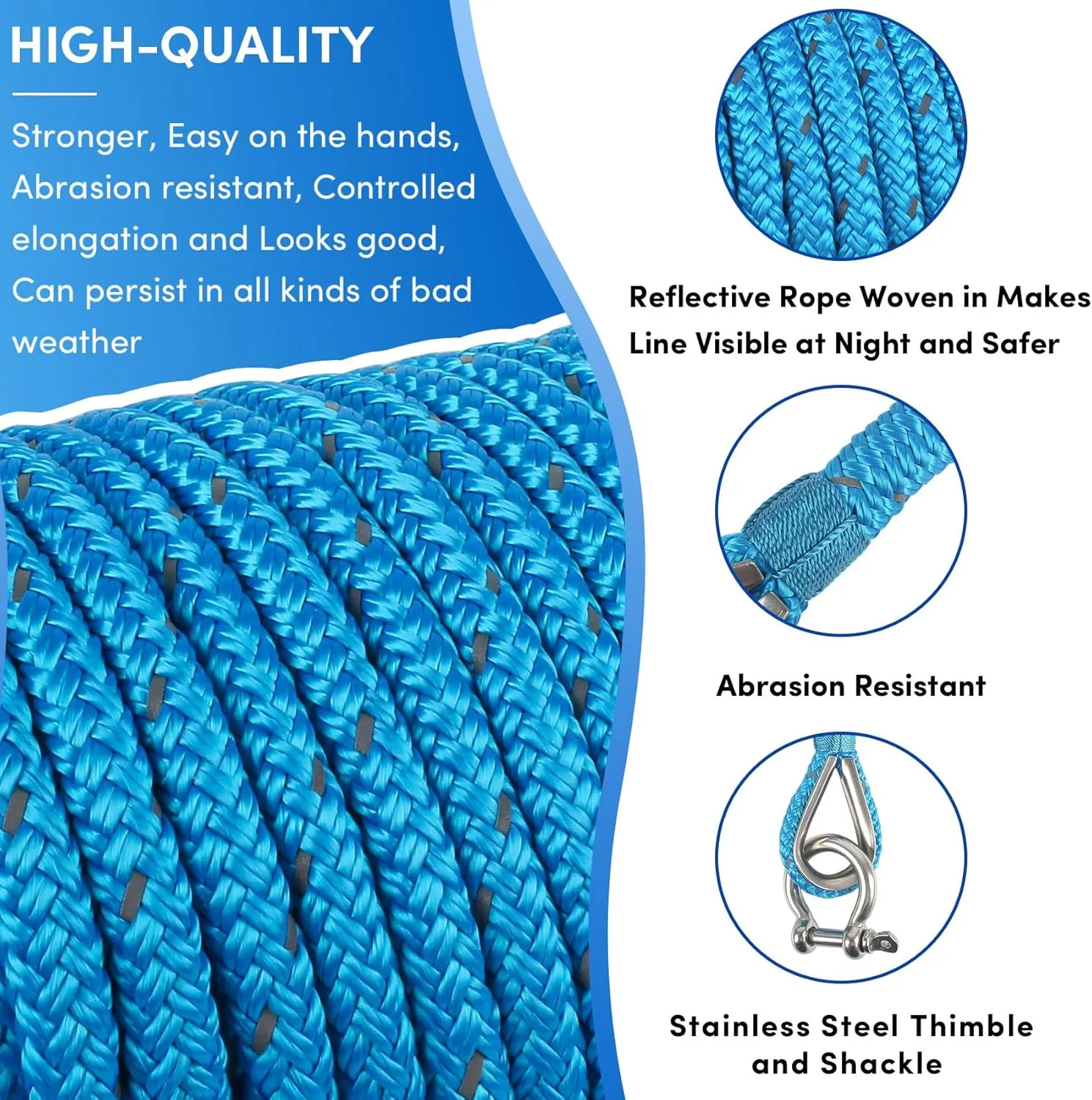 Anchor Rope 100 ft x 3/8 inch Blue, Double Braided Anchor Line with Stainless Steel Thimble & Shackle, Boat Rope with Reflective Strip Ideal for Towing,Mooring,Anchoring,for Boats Up to 27'