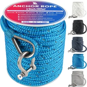 Anchor Rope 100 ft x 3/8 inch Blue, Double Braided Anchor Line with Stainless Steel Thimble & Shackle, Boat Rope with Reflective Strip Ideal for Towing,Mooring,Anchoring,for Boats Up to 27'