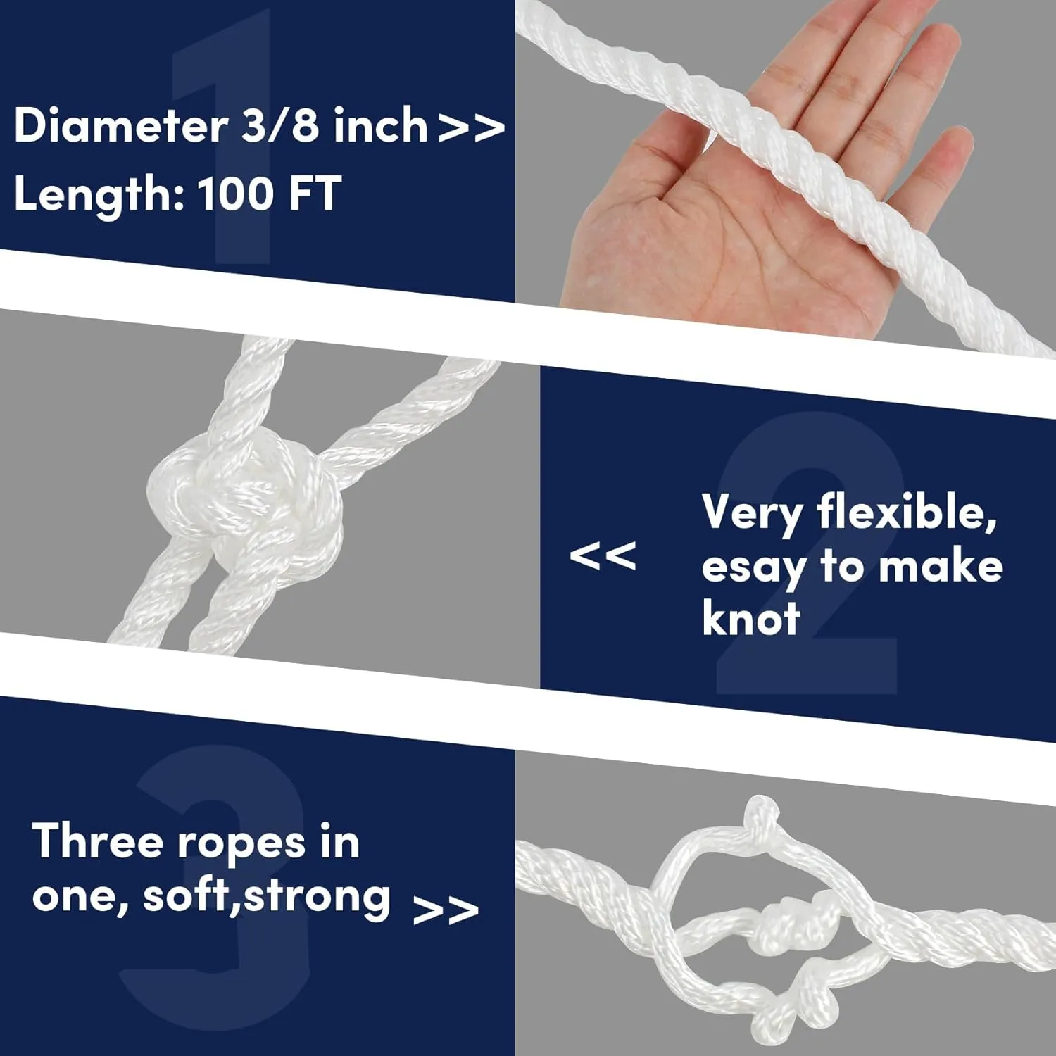 Anchor Rope 100 ft x 3/8 inch Polypropylene 3 Strand Twisted Anchor Line for Boat/Sailboat/Mooring/Pull Lines，Boat Anchor Rope with Thimble, 4095LB Breaking Strain