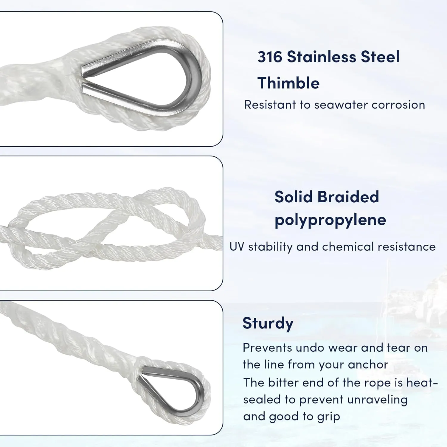 Anchor Rope 100 ft x 3/8 inch Polypropylene 3 Strand Twisted Anchor Line for Boat/Sailboat/Mooring/Pull Lines，Boat Anchor Rope with Thimble, 4095LB Breaking Strain