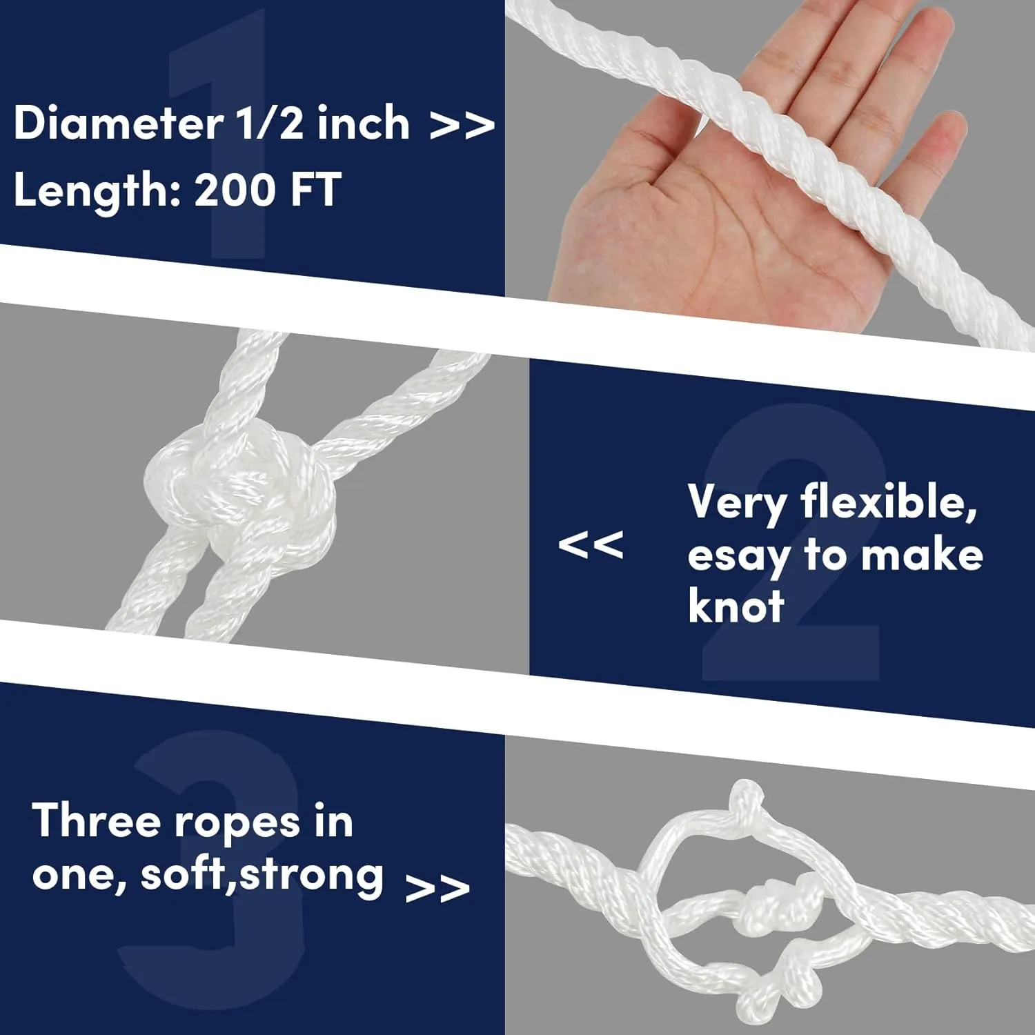 Anchor Rope 200 ft x 1/2 inch Polypropylene 3 Strand Twisted Anchor Line for Boat/Sailboat/Mooring/Pull Lines, Boat Anchor Rope with Thimble, 5850LB Breaking Strain