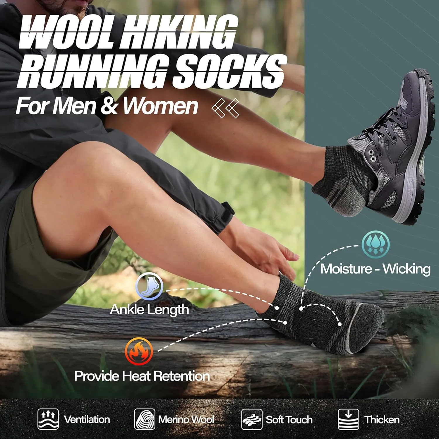 ANTSANG 6 Pairs Merino Wool Ankle Hiking Running Socks Compression Thick Cushion Breathable No Show Socks for Men Women