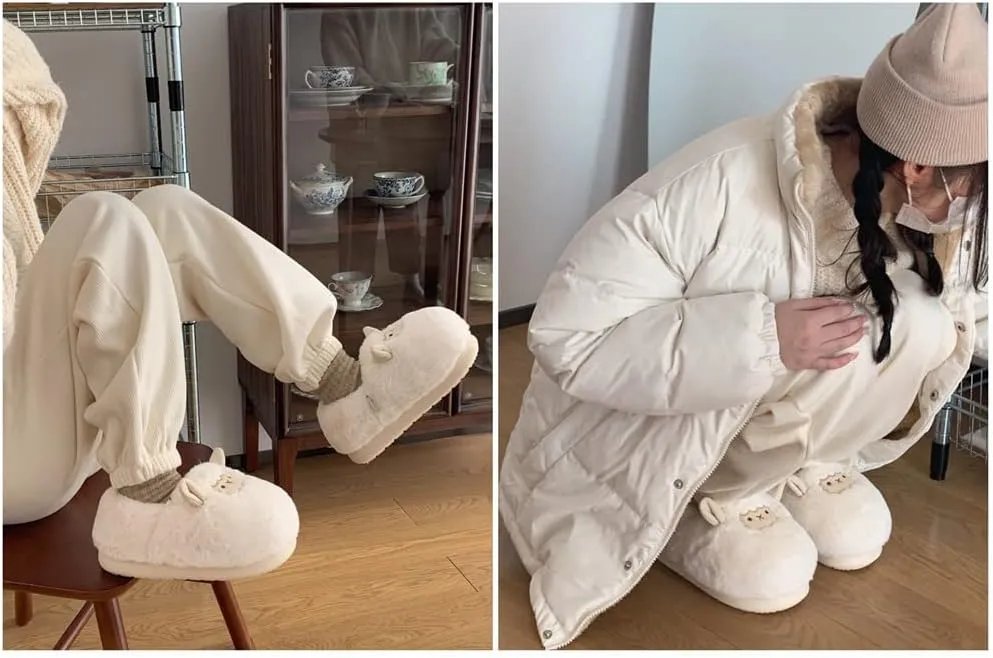 Autumn and Winter Men's and Women's Indoor and Outdoor Plush Sheep Slippers, Bear Pig Slippers. Cute animal slippers. Soft and comfortable warm plush shoes.