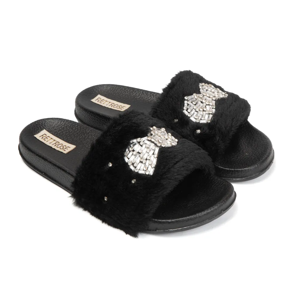 Ava Noir Luxury Plush Diamanté Embellished Handmade Sliders